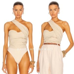 NWT ATOIR Never Really Over One Shoulder Strap Beige Ruched Bodysuit